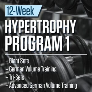 Hypertrophy-specific training program dumbbell image.