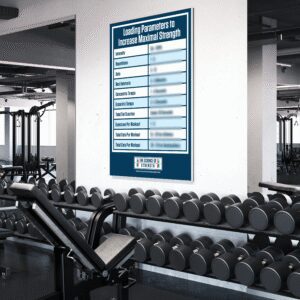 Gym with dumbbells and strength training poster.