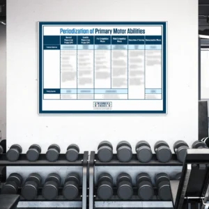 Gym with periodization chart and dumbbells.